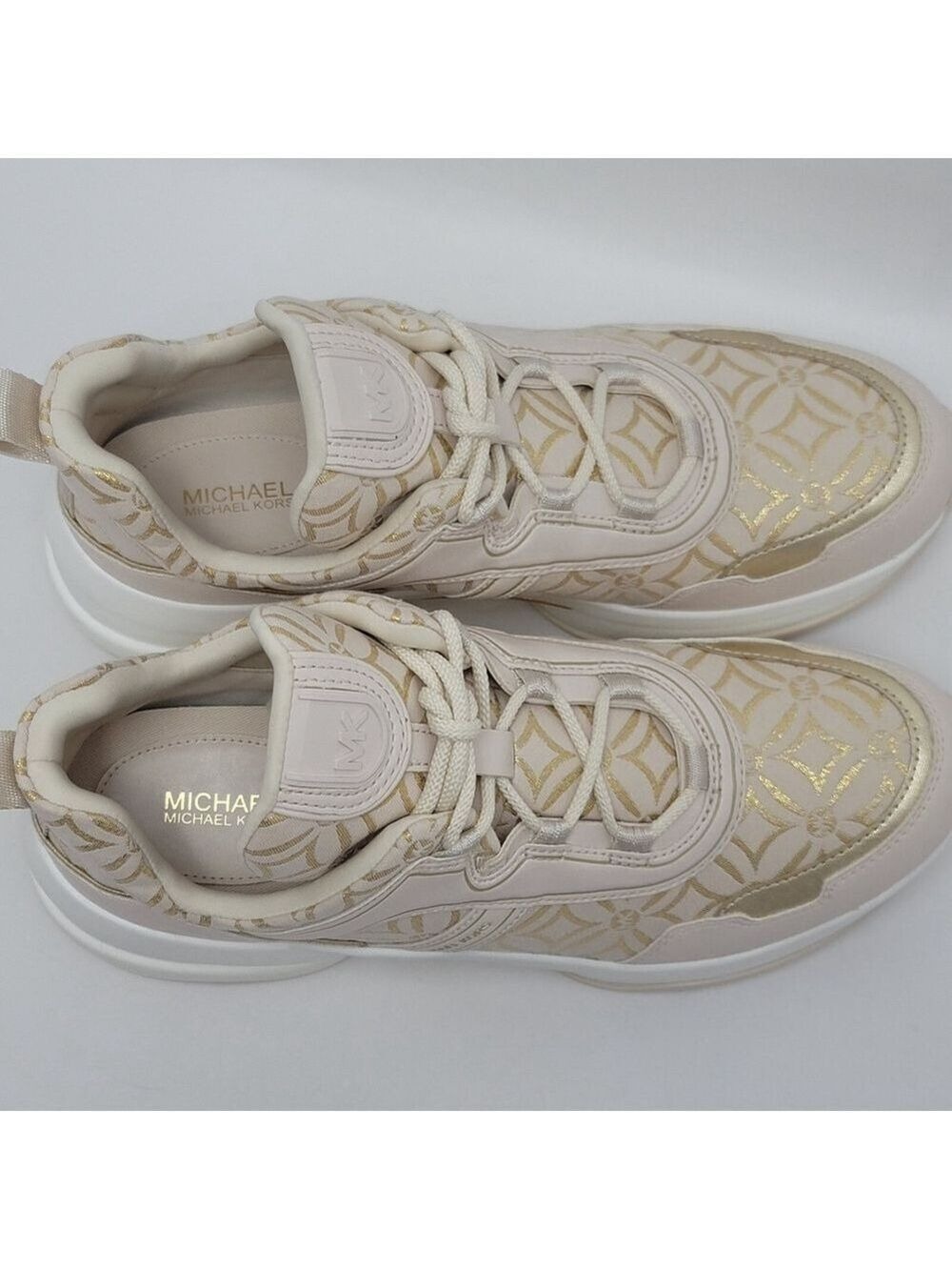 Michael Kors Olympia Metallic Logo Jacquard Trainer Cream Gold Women's 10M NIB - Picture 8 of 13